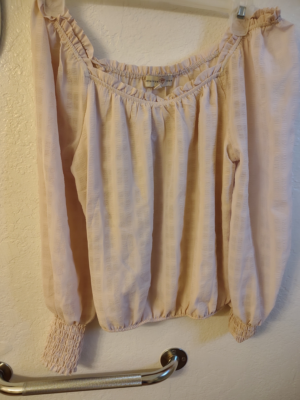 Light Pink Off-Shoulder Peasant Blouse with Smocked Cuffs